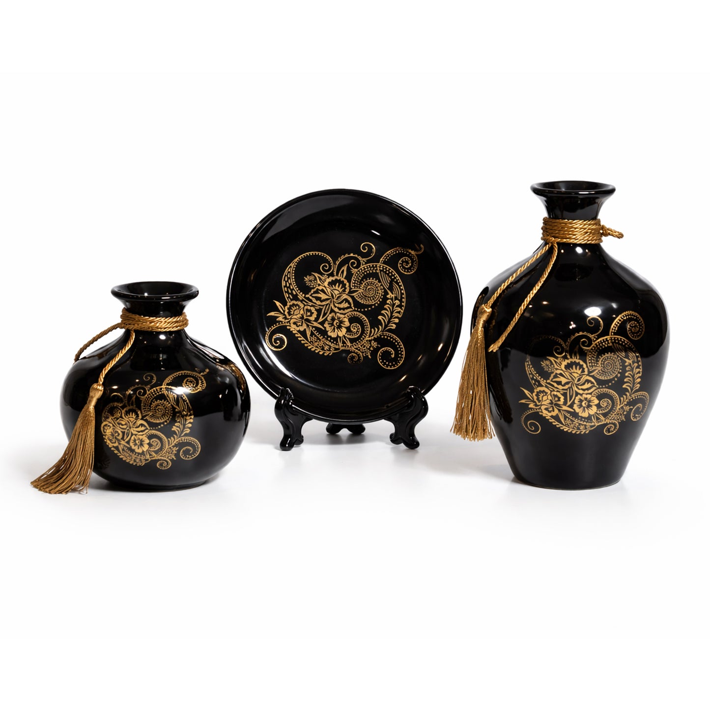 Luxury Black & Gold Ceramic Vase and Plate Set – Glossy Floral Decorative Showpiece with Rope Tassel Detail | Modern Home Décor Centerpiece (Set of 3) #3005