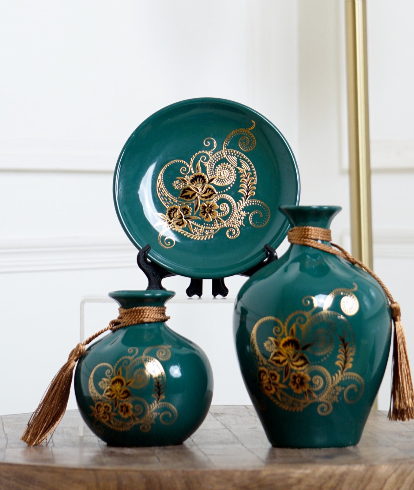 Elegant Ceramic Decorative Vase & Plate Set with Gold Floral Design #3006
