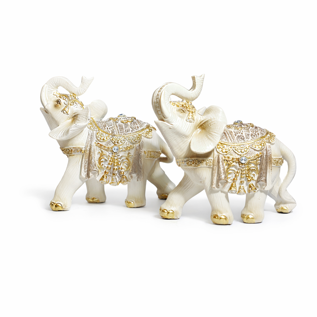 White & Gold Elephant Figurine Set – Premium Resin Decorative Showpiece for Home Décor, Office Desk & Gifting | Symbol of Good Luck & Prosperity #1257