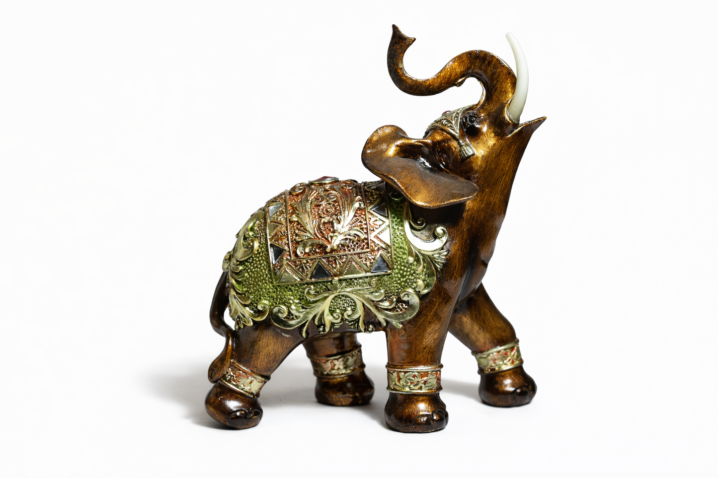 Opulent Resin Elephant Figurines Pair – Antique Brown with Green & Gold Detailing | Lucky Elephant Showpiece for Home Décor, Living Room, Office & Gifting #1250