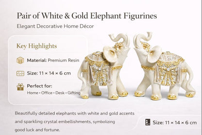 White & Gold Elephant Figurine Set – Premium Resin Decorative Showpiece for Home Décor, Office Desk & Gifting | Symbol of Good Luck & Prosperity #1257