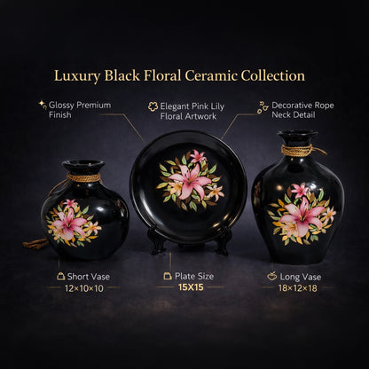Luxury Black Floral Ceramic Vase & Plate Set – Glossy Finish Decorative Flower Vases with Elegant Pink Lily Design | Modern Home Décor Centerpiece (Set of 3) #3013