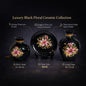 Luxury Black Floral Ceramic Vase & Plate Set – Glossy Finish Decorative Flower Vases with Elegant Pink Lily Design | Modern Home Décor Centerpiece (Set of 3) #3013