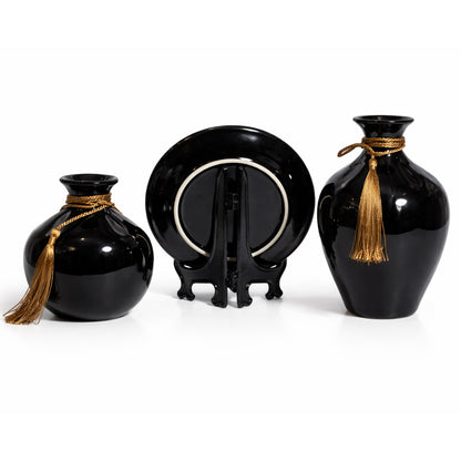 Luxury Black Hand-Painted Floral Ceramic Vase & Plate Set – Glossy Decorative Showpiece with Rope Tassel Detail | Elegant Home Décor Centerpiece (Set of 3) #1972