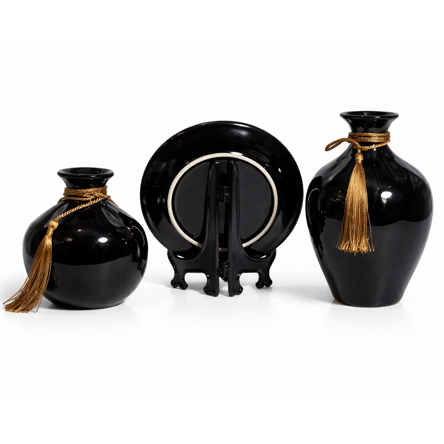 Luxury Black & Gold Ceramic Vase and Plate Set – Glossy Floral Decorative Showpiece with Rope Tassel Detail | Modern Home Décor Centerpiece (Set of 3) #3005