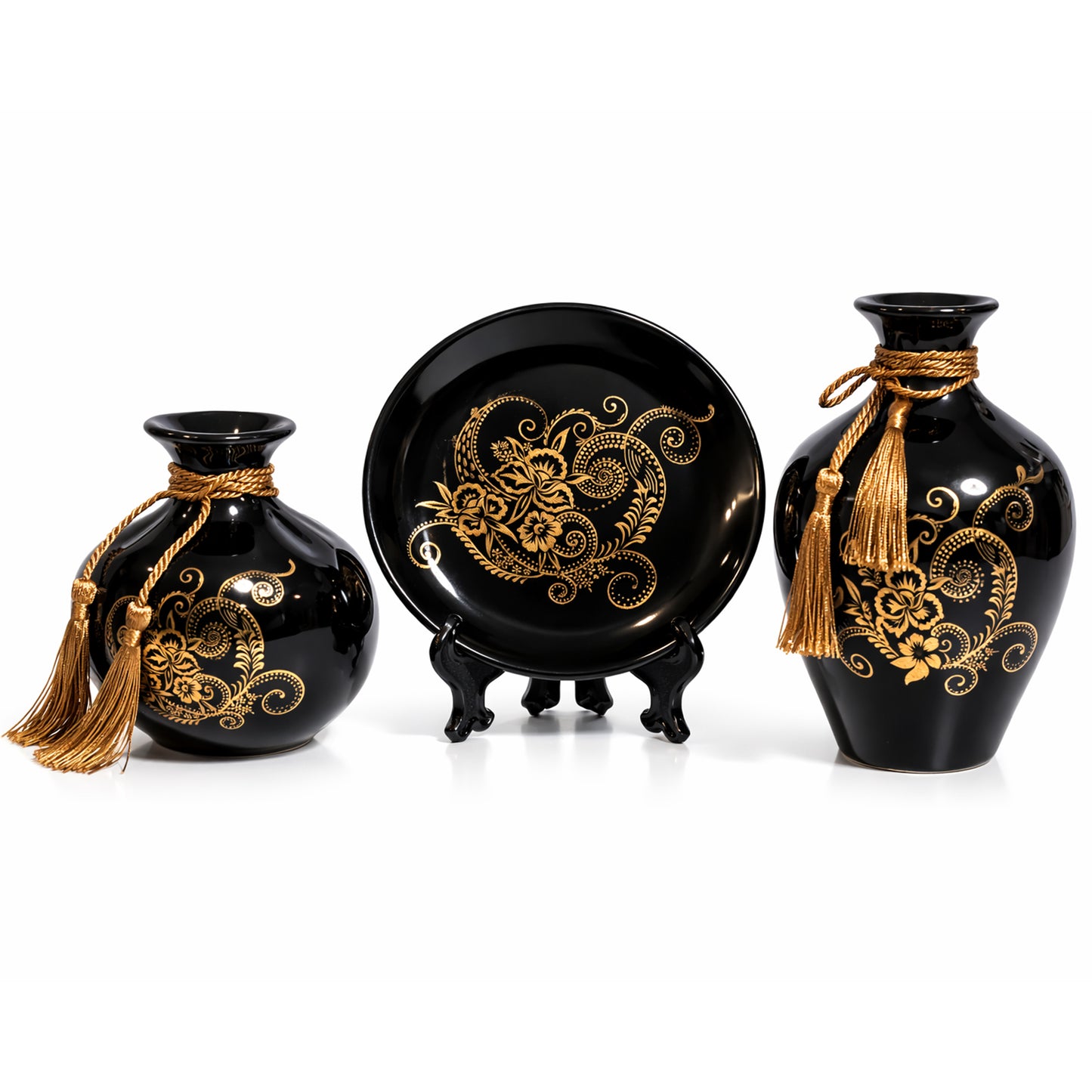 Luxury Black & Gold Ceramic Vase and Plate Set – Glossy Floral Decorative Showpiece with Rope Tassel Detail | Modern Home Décor Centerpiece (Set of 3) #3005