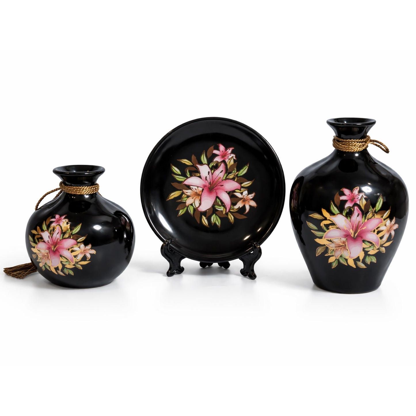 Luxury Black Floral Ceramic Vase & Plate Set – Glossy Finish Decorative Flower Vases with Elegant Pink Lily Design | Modern Home Décor Centerpiece (Set of 3) #3013