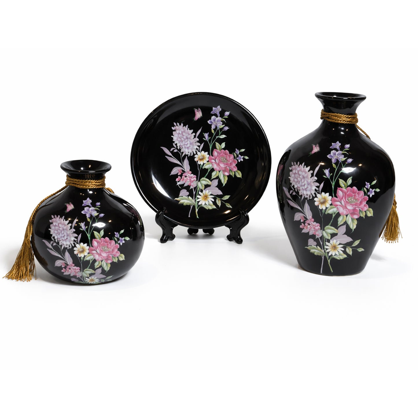 Luxury Black Hand-Painted Floral Ceramic Vase & Plate Set – Glossy Decorative Showpiece with Rope Tassel Detail | Elegant Home Décor Centerpiece (Set of 3) #1972