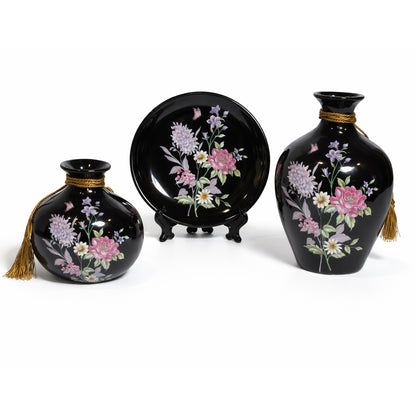 Luxury Black Hand-Painted Floral Ceramic Vase & Plate Set – Glossy Decorative Showpiece with Rope Tassel Detail | Elegant Home Décor Centerpiece (Set of 3) #1972