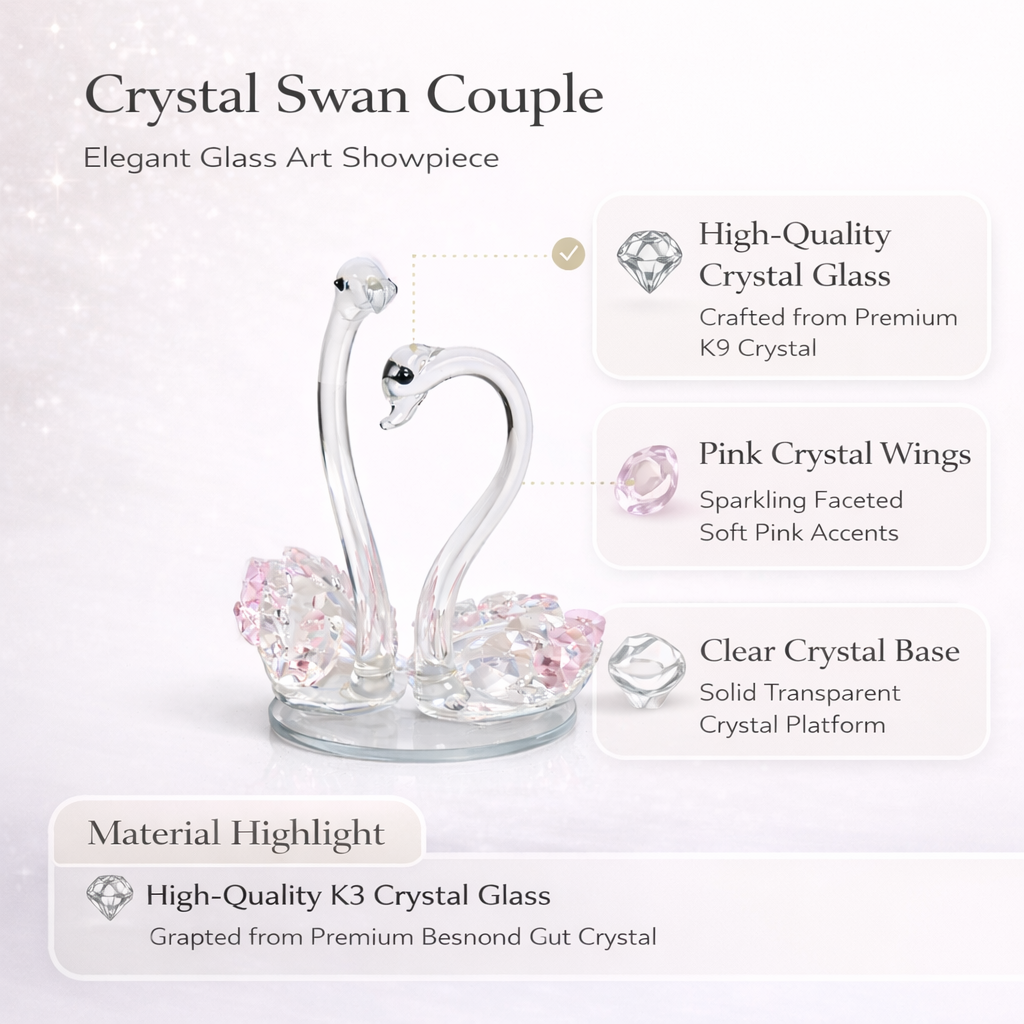 Crystal Swan Couple Showpiece – K9 Crystal Glass Decorative Swan Pair for Home Décor, Living Room, Bedroom & Gifting #2084