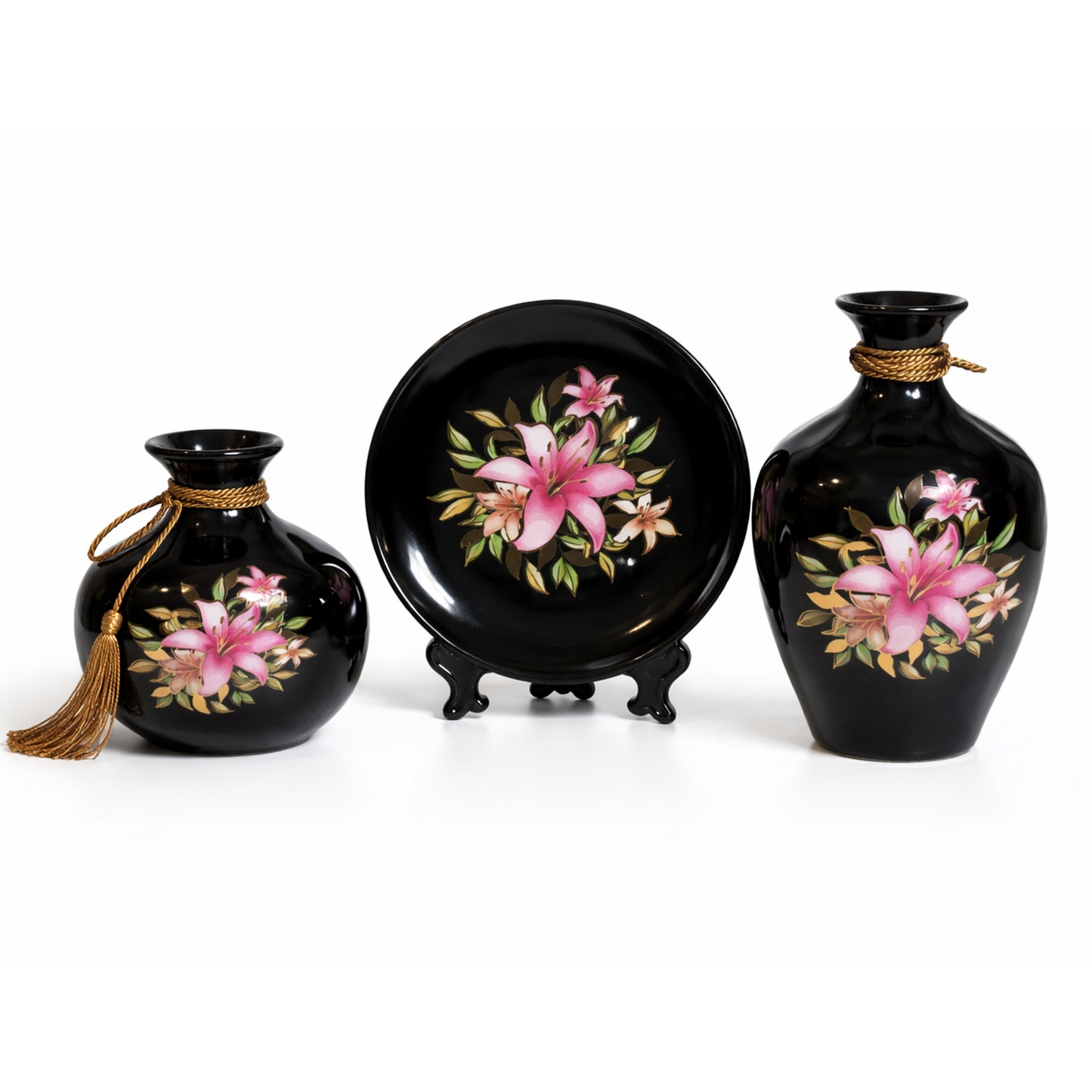 Luxury Black Floral Ceramic Vase & Plate Set – Glossy Finish Decorative Flower Vases with Elegant Pink Lily Design | Modern Home Décor Centerpiece (Set of 3) #3013