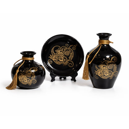 Luxury Black & Gold Ceramic Vase and Plate Set – Glossy Floral Decorative Showpiece with Rope Tassel Detail | Modern Home Décor Centerpiece (Set of 3) #3005