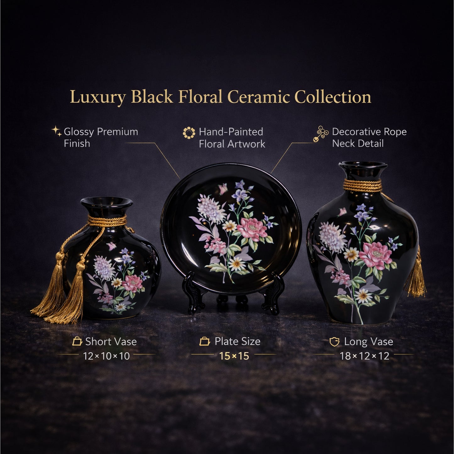 Luxury Black Hand-Painted Floral Ceramic Vase & Plate Set – Glossy Decorative Showpiece with Rope Tassel Detail | Elegant Home Décor Centerpiece (Set of 3) #1972