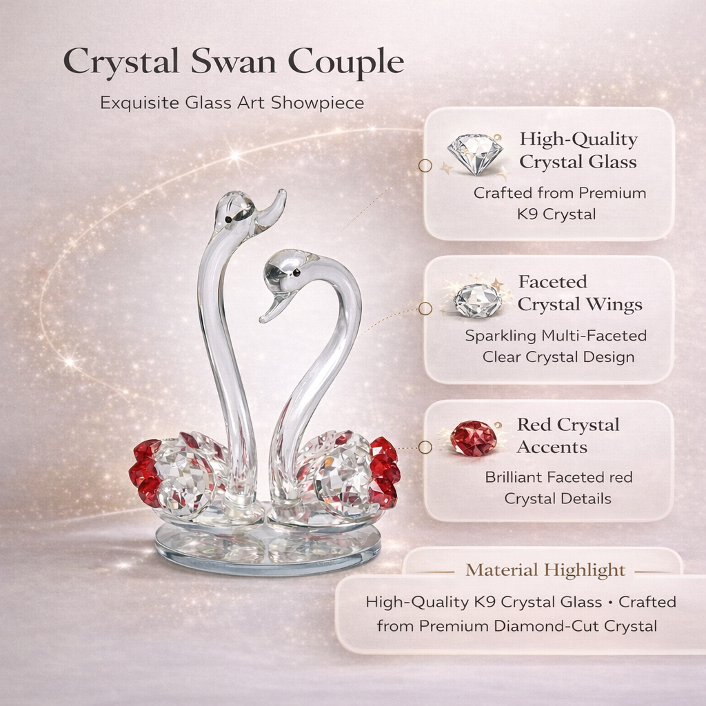 Crystal Swan Couple Showpiece – K9 Crystal Glass Decorative Swan Pair for Home Décor, Living Room, Bedroom & Gifting #2084