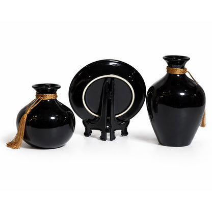 Luxury Black Floral Ceramic Vase & Plate Set – Glossy Finish Decorative Flower Vases with Elegant Pink Lily Design | Modern Home Décor Centerpiece (Set of 3) #3013