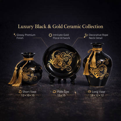 Luxury Black & Gold Ceramic Vase and Plate Set – Glossy Floral Decorative Showpiece with Rope Tassel Detail | Modern Home Décor Centerpiece (Set of 3) #3005