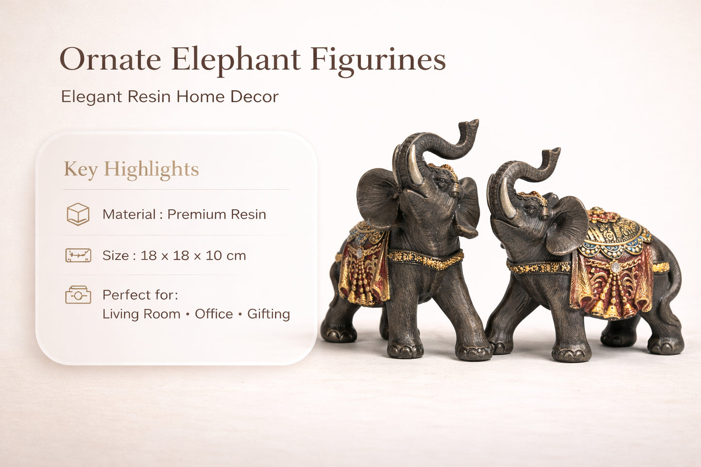 Ornate Resin Elephant Figurines Pair – Decorative Lucky Elephant Showpiece for Home Décor, Living Room, Office & Gifting #1253