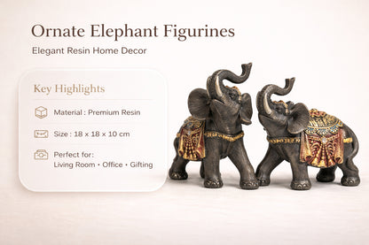 Ornate Resin Elephant Figurines Pair – Decorative Lucky Elephant Showpiece for Home Décor, Living Room, Office & Gifting #1253