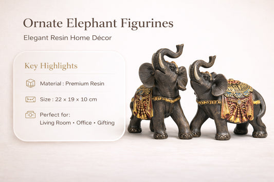 Ornate Resin Elephant Figurines Pair – Large Decorative Lucky Elephant Showpiece for Home Décor, Living Room, Office & Gifting #1252