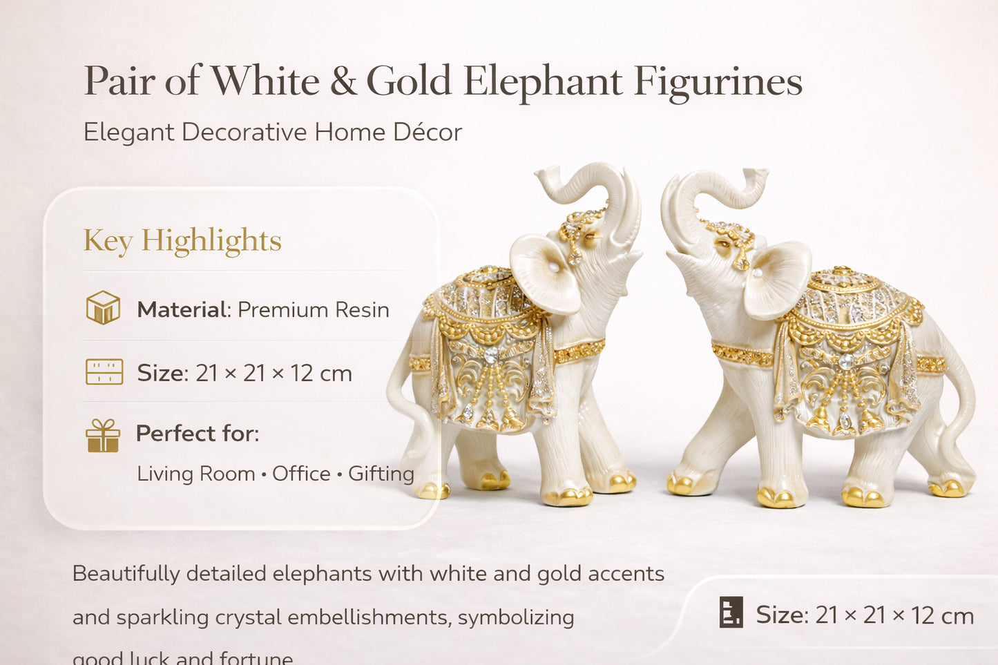 White & Gold Elephant Figurines Set of 2 – Premium Resin Decorative Showpiece for Home Décor, Office Desk & Gifting | Symbol of Good Luck & Prosperity #1255