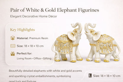 White & Gold Elephant Figurines Pair – Premium Resin Lucky Elephant Showpiece with Crystal Detailing for Home Décor, Living Room, Office & Gifting #1256