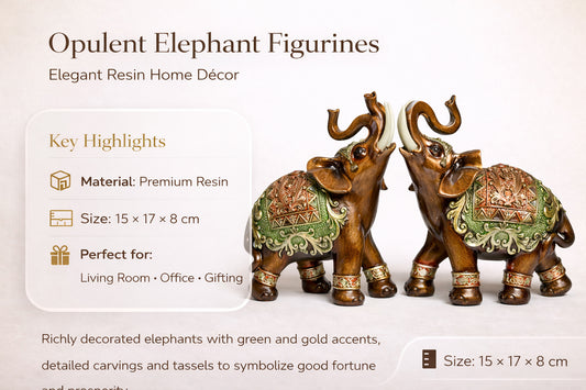 Opulent Resin Elephant Figurines Pair – Antique Brown with Green & Gold Detailing | Lucky Elephant Showpiece for Home Décor, Living Room, Office & Gifting #1250