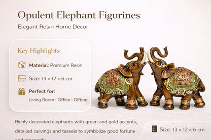 Opulent Resin Elephant Figurines Pair – Antique Lucky Elephant Showpiece with Green & Gold Detailing for Home Décor, Office & Gifting #1251
