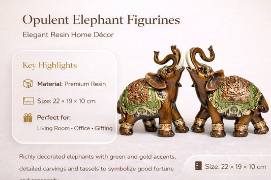 Opulent Resin Elephant Figurines Pair – Large Antique Lucky Elephant Showpiece with Green & Gold Detailing for Home Décor, Living Room, Office & Gifting #1249