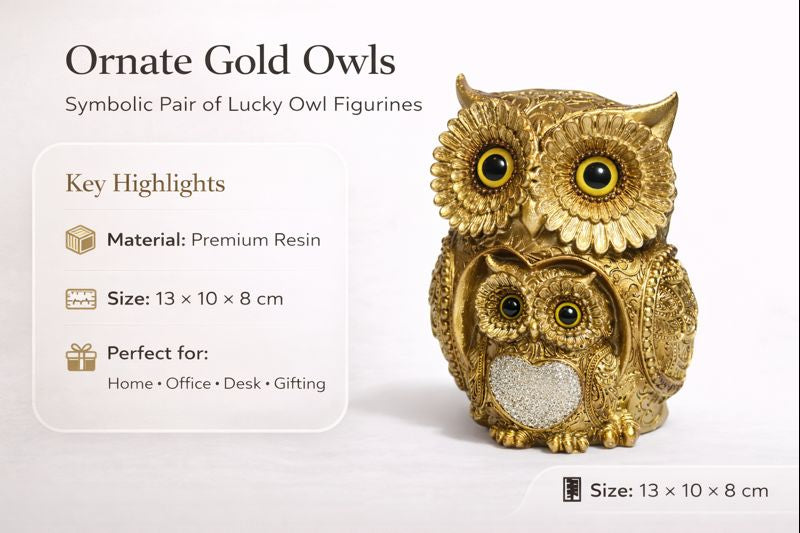 Ornate Gold Owl Figurines – Lucky Pair Decorative Showpiece for Home, Office & Gifting (Premium Resin)  #3022