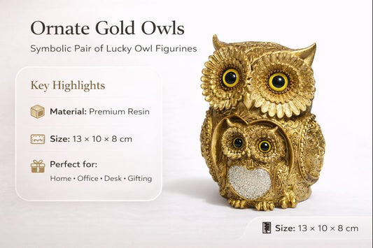 Ornate Gold Owl Figurines – Lucky Pair Decorative Showpiece for Home, Office & Gifting (Premium Resin)  #3022