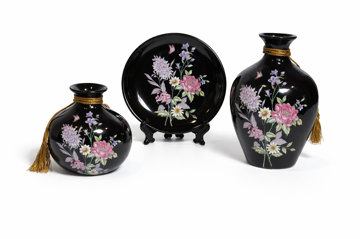 Luxury Black Hand-Painted Floral Ceramic Vase & Plate Set – Glossy Decorative Showpiece with Rope Tassel Detail | Elegant Home Décor Centerpiece (Set of 3) #1972