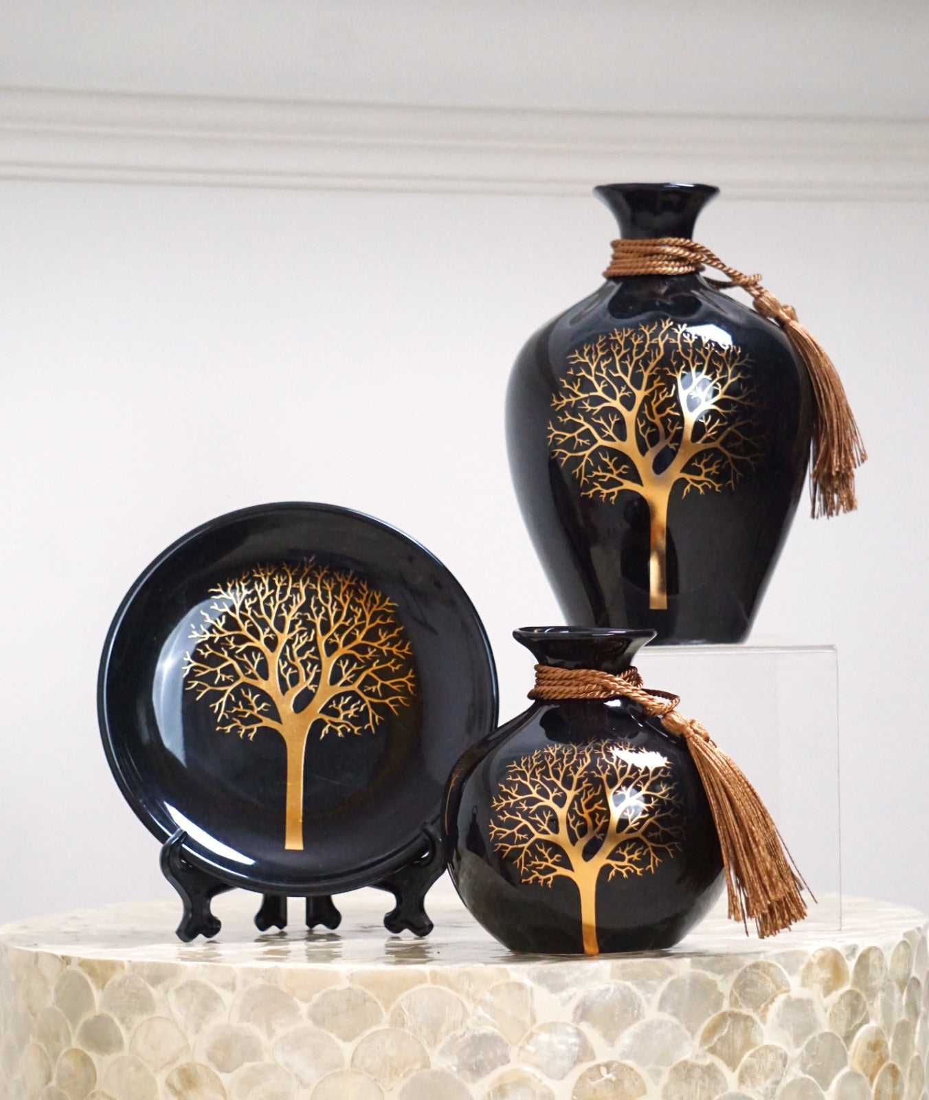 Luxury Ceramic Decorative Vase & Plate Set with Gold Tree Design #1973