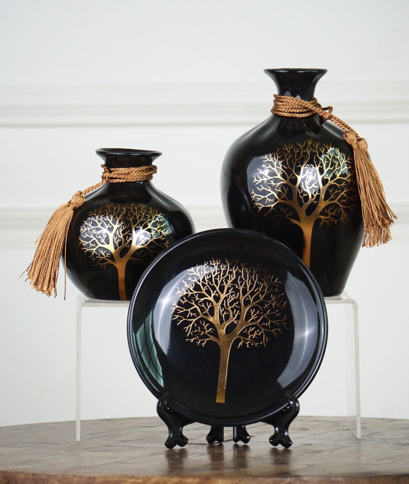 Luxury Ceramic Decorative Vase & Plate Set with Gold Tree Design #1973