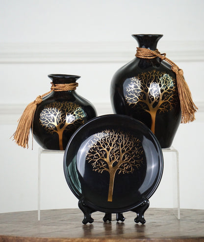 Luxury Ceramic Decorative Vase & Plate Set with Gold Tree Design #1973
