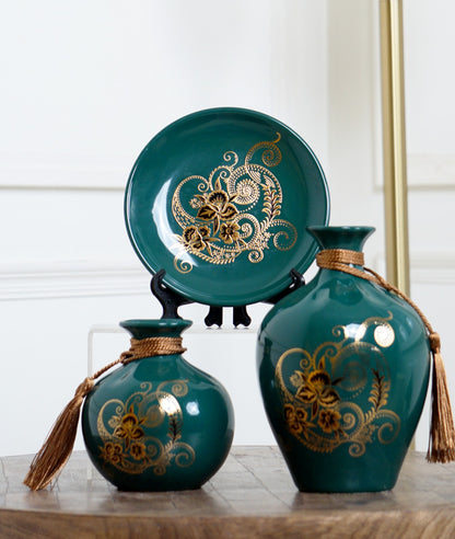 Elegant Ceramic Decorative Vase & Plate Set with Gold Floral Design #3006