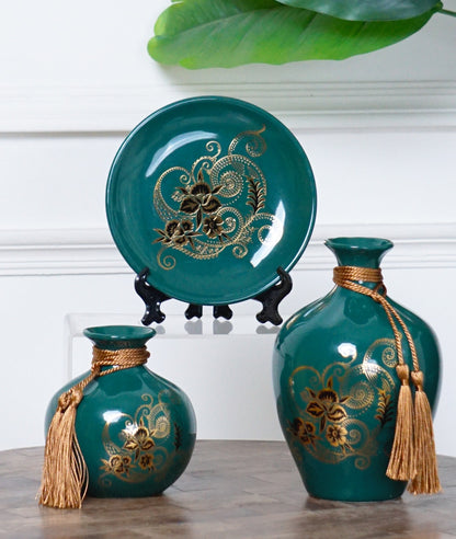 Elegant Ceramic Decorative Vase & Plate Set with Gold Floral Design #3006