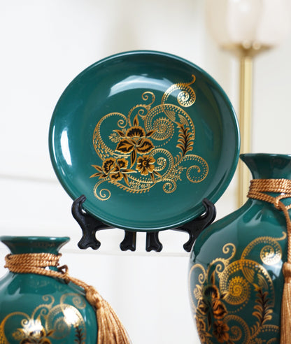 Elegant Ceramic Decorative Vase & Plate Set with Gold Floral Design #3006