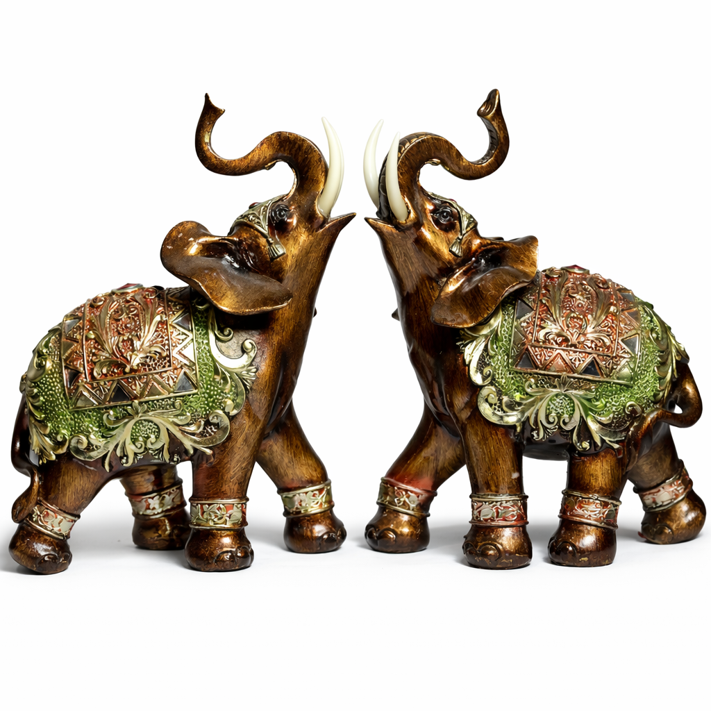 Opulent Resin Elephant Figurines Pair – Antique Lucky Elephant Showpiece with Green & Gold Detailing for Home Décor, Office & Gifting #1251