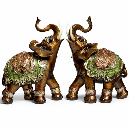 Opulent Resin Elephant Figurines Pair – Antique Lucky Elephant Showpiece with Green & Gold Detailing for Home Décor, Office & Gifting #1251