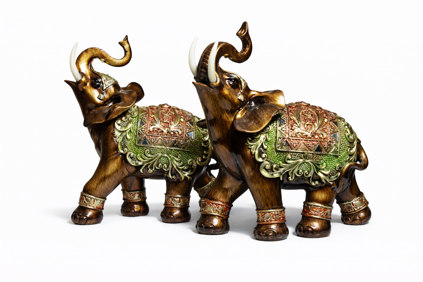 Opulent Resin Elephant Figurines Pair – Antique Lucky Elephant Showpiece with Green & Gold Detailing for Home Décor, Office & Gifting #1251