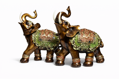 Opulent Resin Elephant Figurines Pair – Antique Lucky Elephant Showpiece with Green & Gold Detailing for Home Décor, Office & Gifting #1251