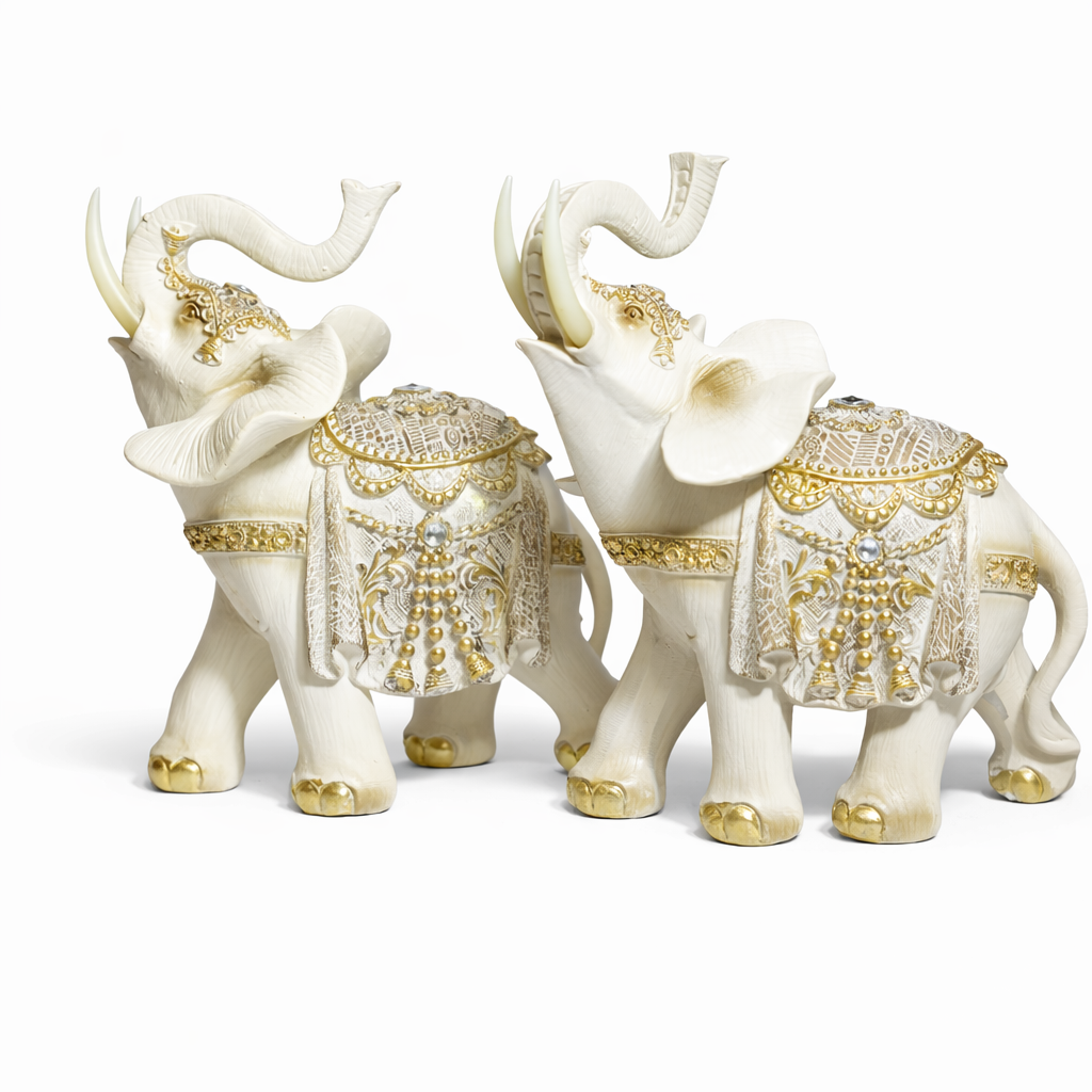 White & Gold Elephant Figurines Pair – Premium Resin Lucky Elephant Showpiece with Crystal Detailing for Home Décor, Living Room, Office & Gifting #1256