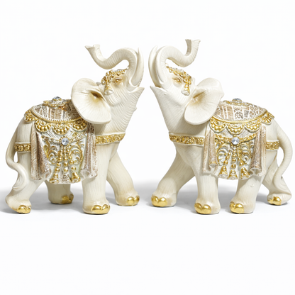 White & Gold Elephant Figurines Pair – Premium Resin Lucky Elephant Showpiece with Crystal Detailing for Home Décor, Living Room, Office & Gifting #1256